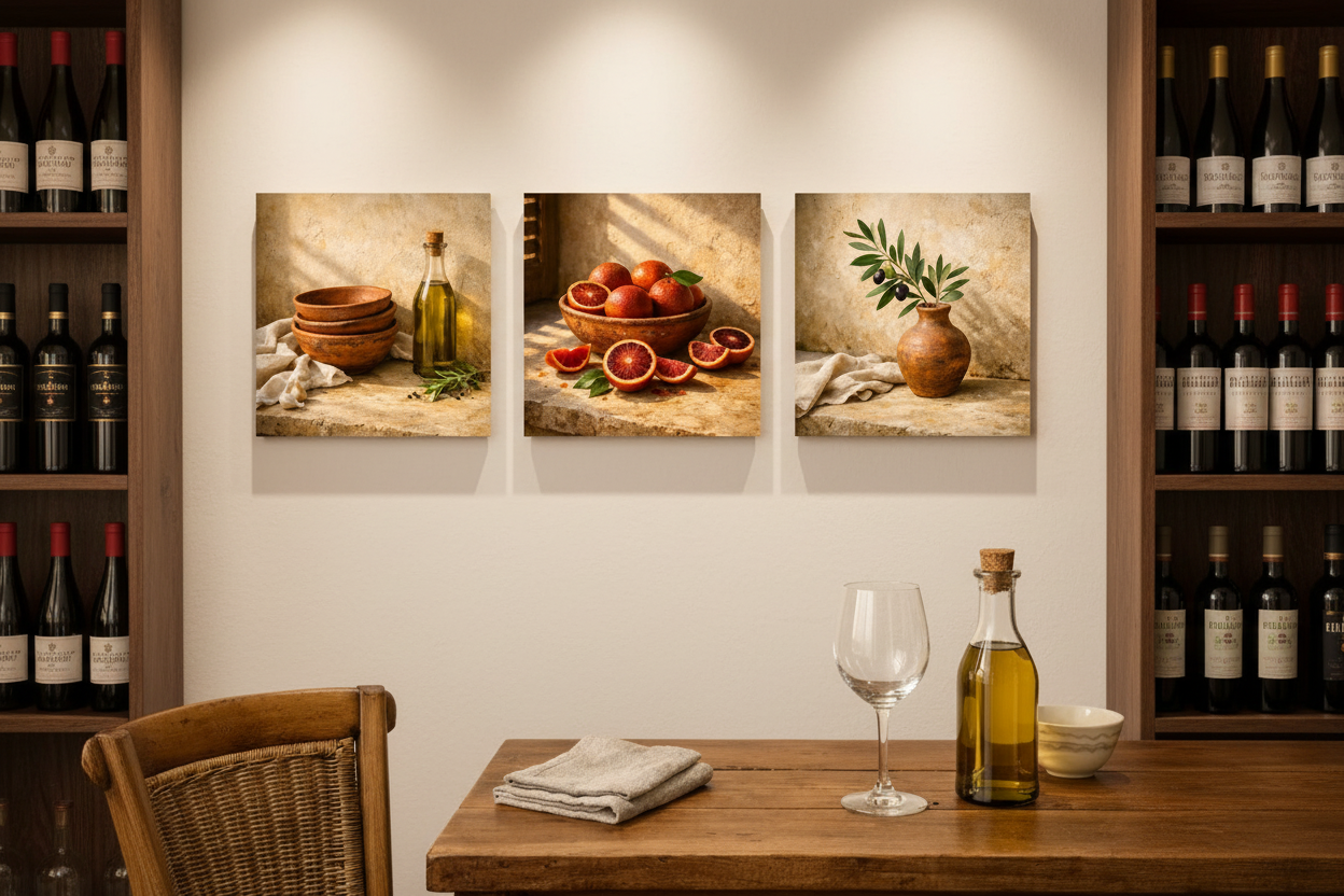 Mediterranean Kitchen Trio triptych on white wall in a stylish wine bar with dark wood counter and warm spotlights - Portugal Canvas Co