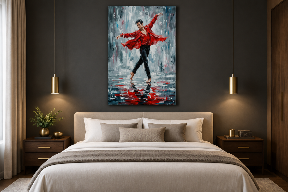 Red shirt male dancer canvas displayed in a boutique hotel suite - Portugal Canvas Co
