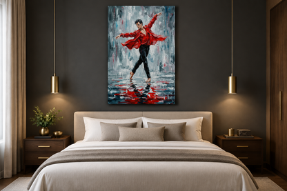 Red shirt male dancer canvas displayed in a boutique hotel suite - Portugal Canvas Co