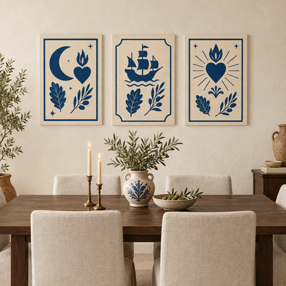 Navy and cream Portuguese moon ship and heart canvas triptych in a dining room - Portugal Canvas Co