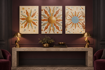 Boho sun mosaic triptych canvas set above a console in a plum and charcoal entryway - Portugal Canvas Co