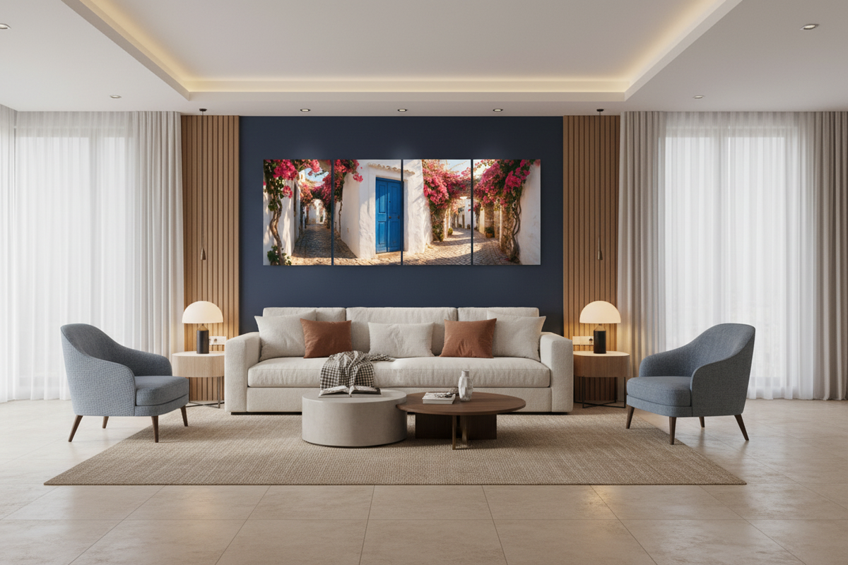 Four-panel Albufeira Old Town canvas wall art in a designer Mediterranean penthouse living room - Portugal Canvas Co