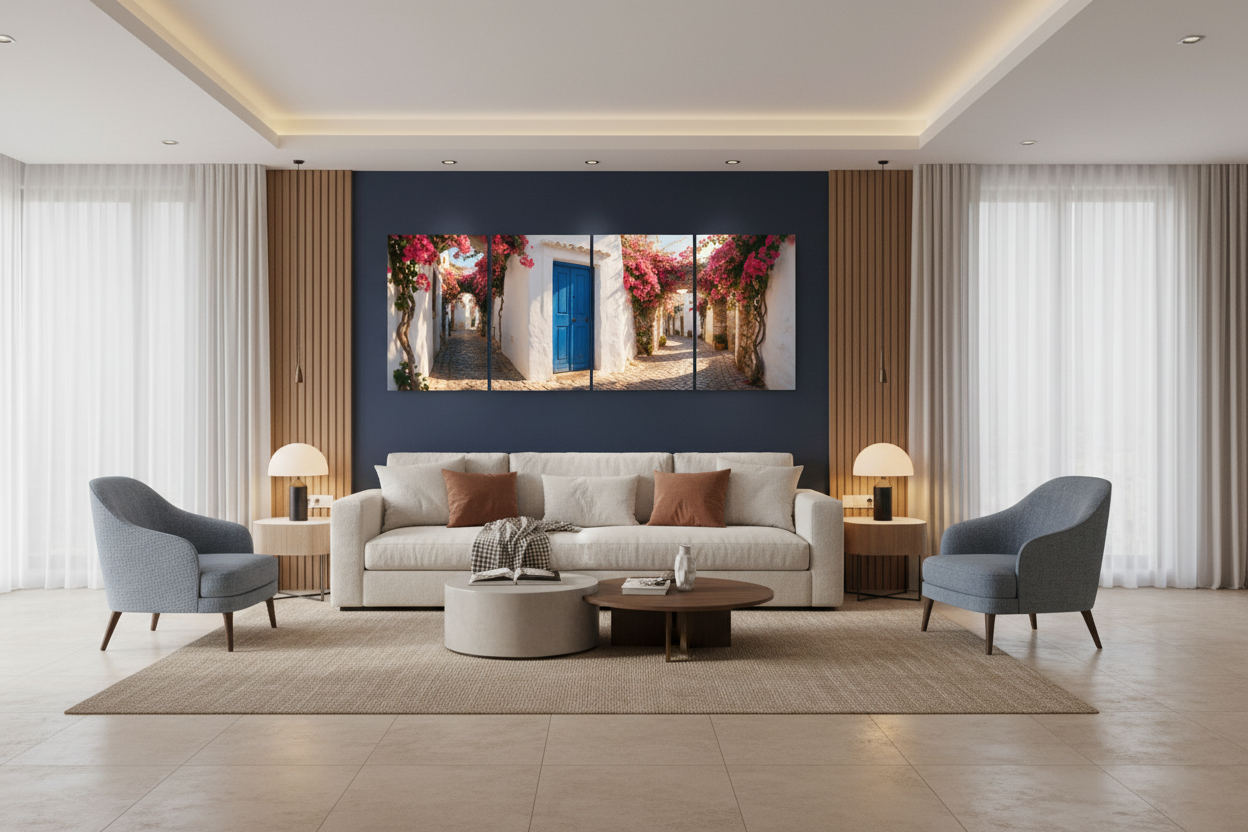 Four-panel Albufeira Old Town canvas wall art in a designer Mediterranean penthouse living room - Portugal Canvas Co
