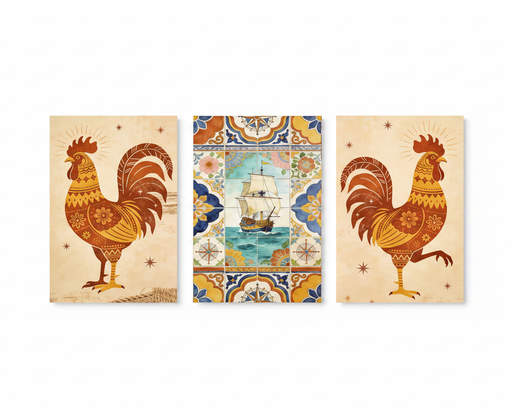 Galo de Barcelós rooster and tall ship Portuguese triptych canvas wall art set flat lay on white background - Portugal Canvas Co