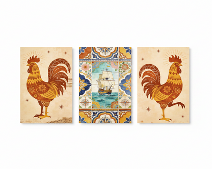Galo de Barcelós rooster and tall ship Portuguese triptych canvas wall art set flat lay on white background - Portugal Canvas Co