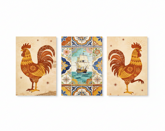 Galo de Barcelós rooster and tall ship Portuguese triptych canvas wall art set flat lay on white background - Portugal Canvas Co