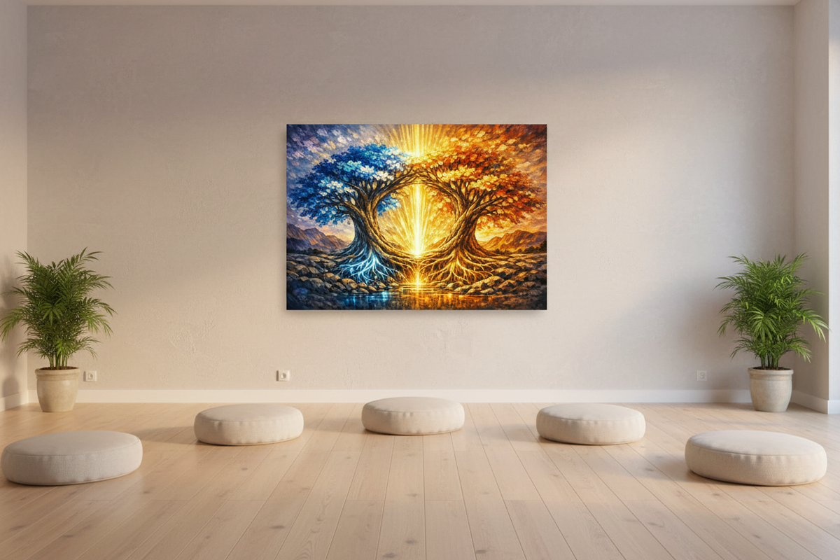 Dual tree of light abstract canvas wall art in yoga and meditation studio with natural wood floor, plants and linen cushions - Portugal Canvas Co
