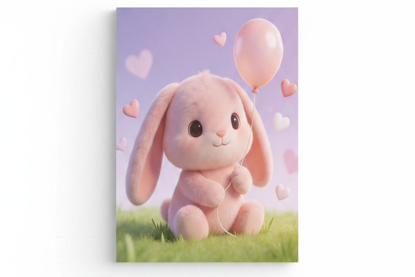 Cute pink bunny nursery canvas wall art flat lay on white background, overhead view - Portugal Canvas Co