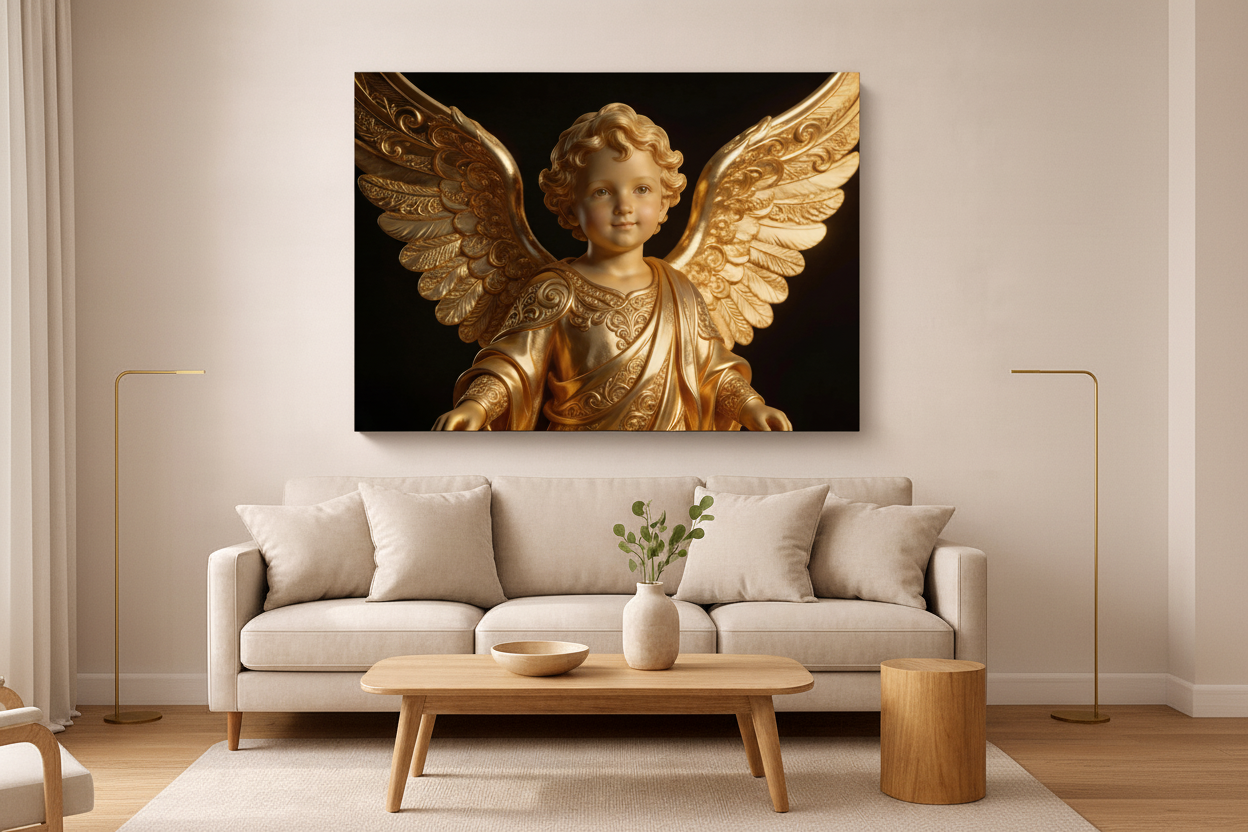 Golden Angel Child canvas wall art displayed on the wall of a sophisticated modern living room with warm neutral walls and gold accent lighting - Portugal Canvas Co