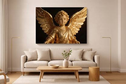 Golden Angel Child canvas wall art displayed on the wall of a sophisticated modern living room with warm neutral walls and gold accent lighting - Portugal Canvas Co