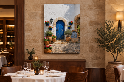 Mediterranean blue door and tiled fountain canvas in an elegant private dining room - Portugal Canvas Co
