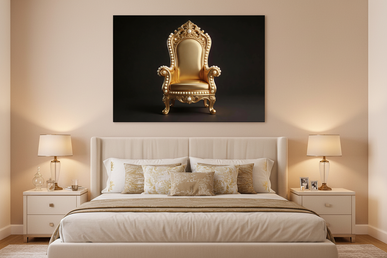Luxury Golden Royal Throne Chair canvas wall art displayed above the bed in a luxurious elegant bedroom with warm walls and gold accent pillows - Portugal Canvas Co