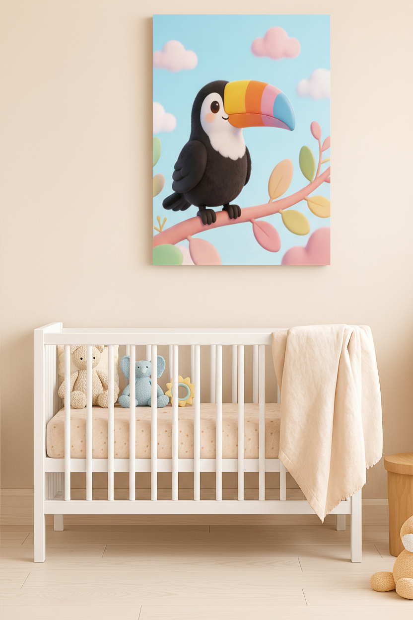 Cute toucan nursery canvas wall art displayed above a white crib in a Scandinavian nursery - Portugal Canvas Co