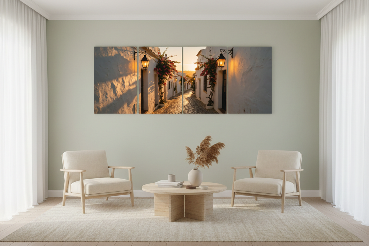 Four-panel Albufeira Old Town canvas wall art in a pale sage boutique hotel lounge - Portugal Canvas Co