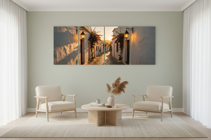 Four-panel Albufeira Old Town canvas wall art in a pale sage boutique hotel lounge - Portugal Canvas Co