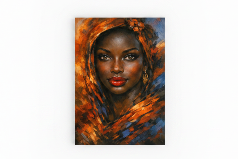 Vibrant African portrait woman orange headscarf canvas wall art flat lay on white background top-down view - Portugal Canvas Co