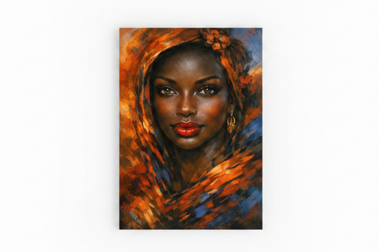 Vibrant African portrait woman orange headscarf canvas wall art flat lay on white background top-down view - Portugal Canvas Co