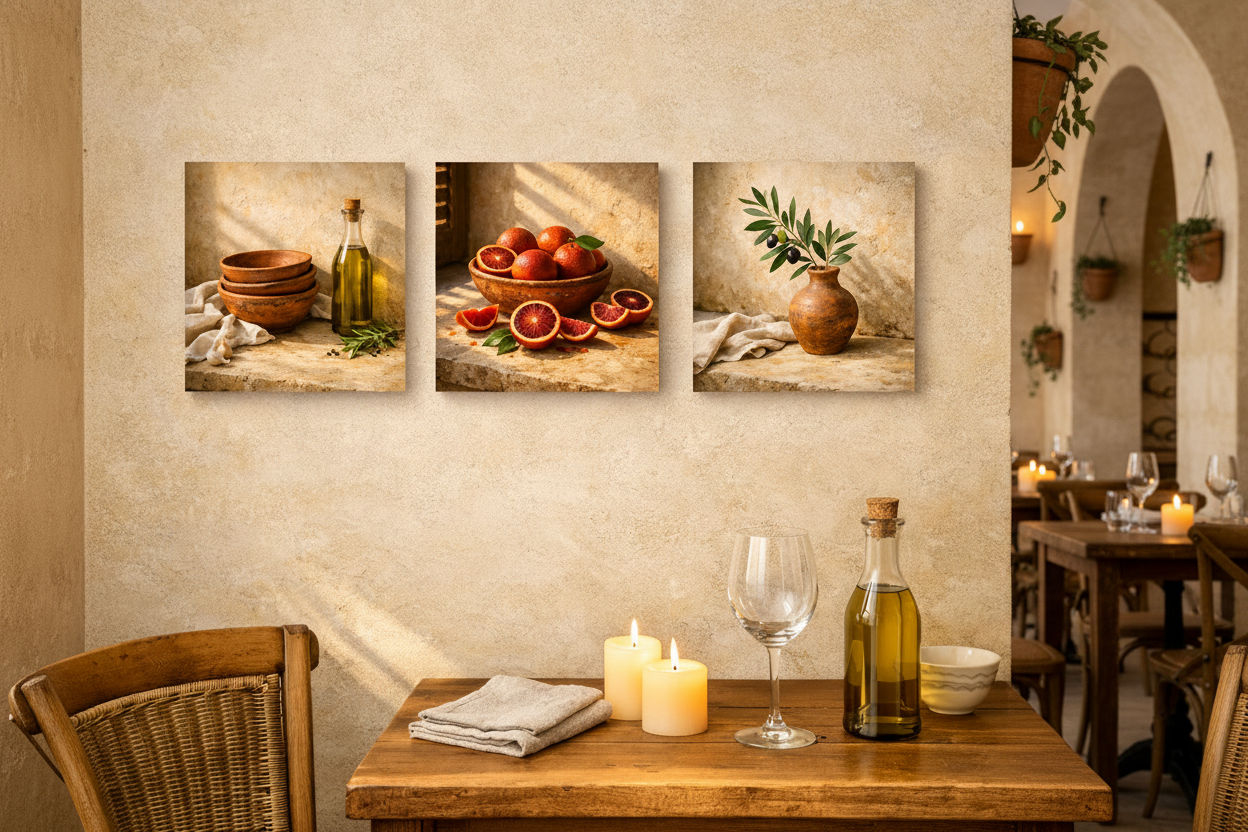 Mediterranean Kitchen Trio triptych on cream wall in an upscale Mediterranean restaurant with stone walls and candlelight - Portugal Canvas Co