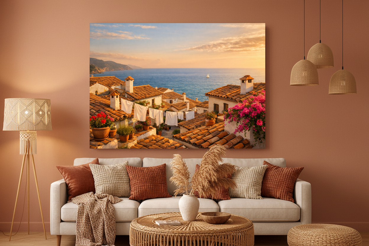 Mediterranean rooftop village at sunset canvas wall art on terracotta wall in boho living room with rattan furniture - Portugal Canvas Co