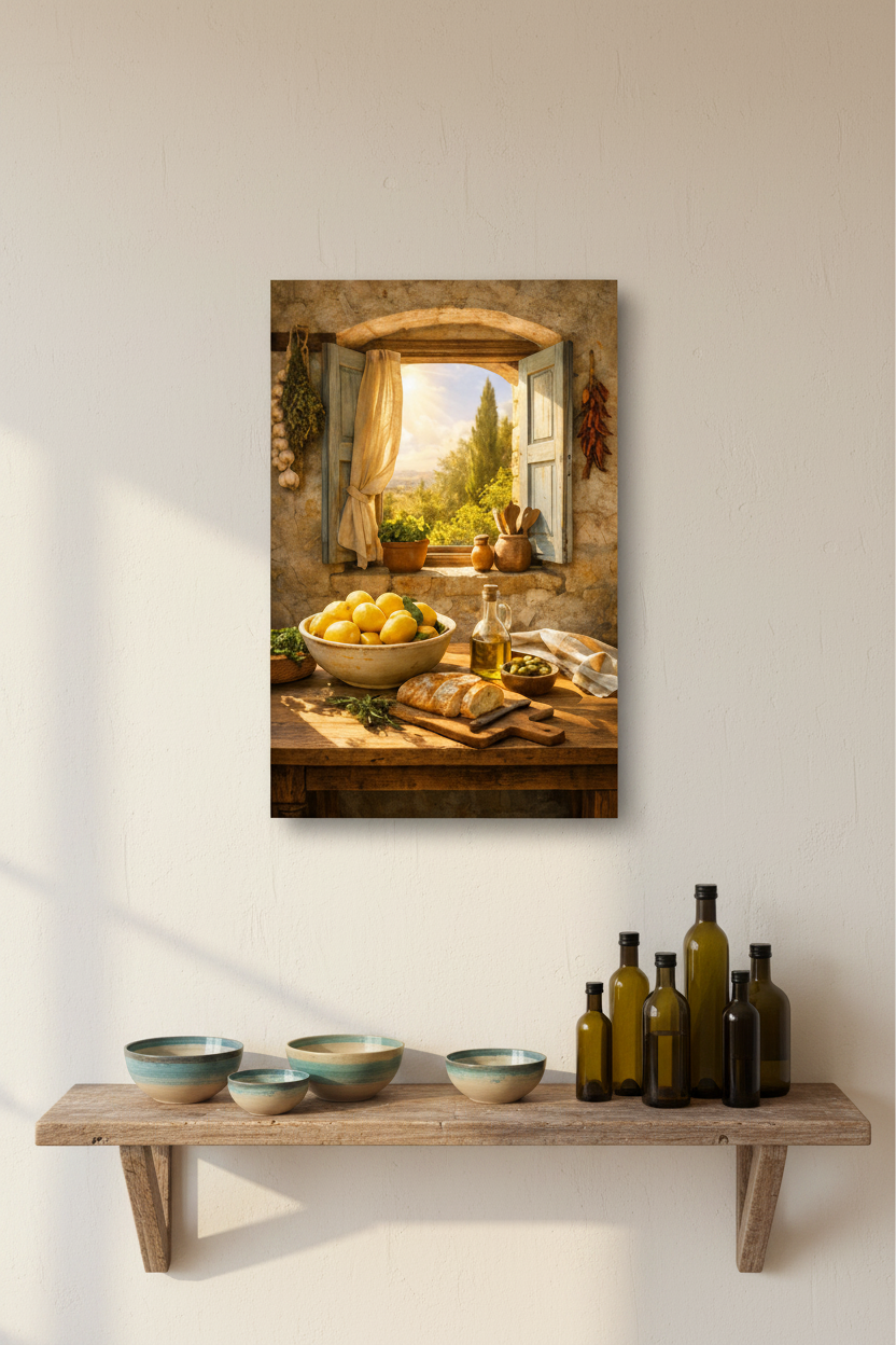 Mediterranean kitchen still life canvas wall art displayed above a rustic wooden kitchen shelf with olive oil bottles and ceramics - Portugal Canvas Co