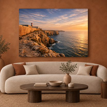 Sagres Fortress sunset canvas above a curved cream sofa against a terracotta wall - Portugal Canvas Co