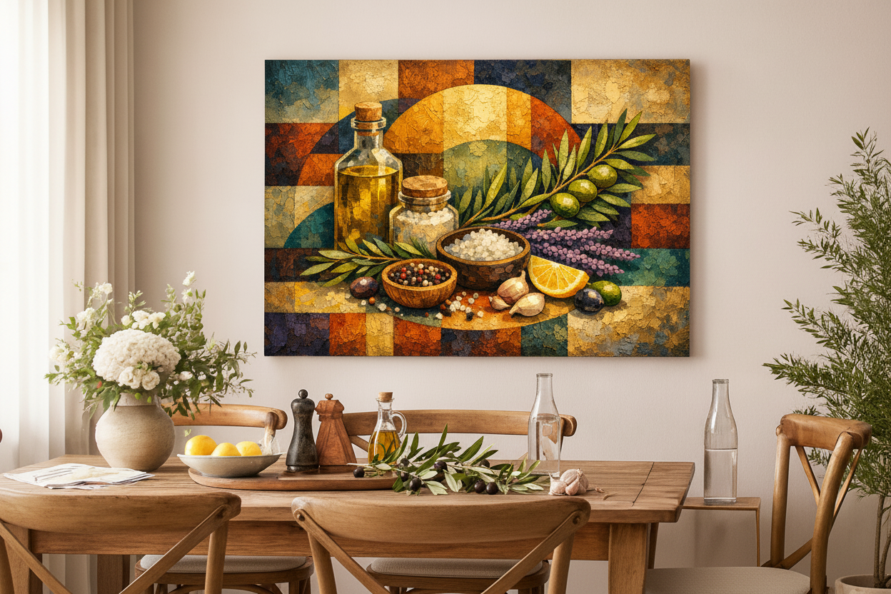 Mediterranean ingredients still life cubist canvas wall art displayed in a bright modern dining room interior - Portugal Canvas Co
