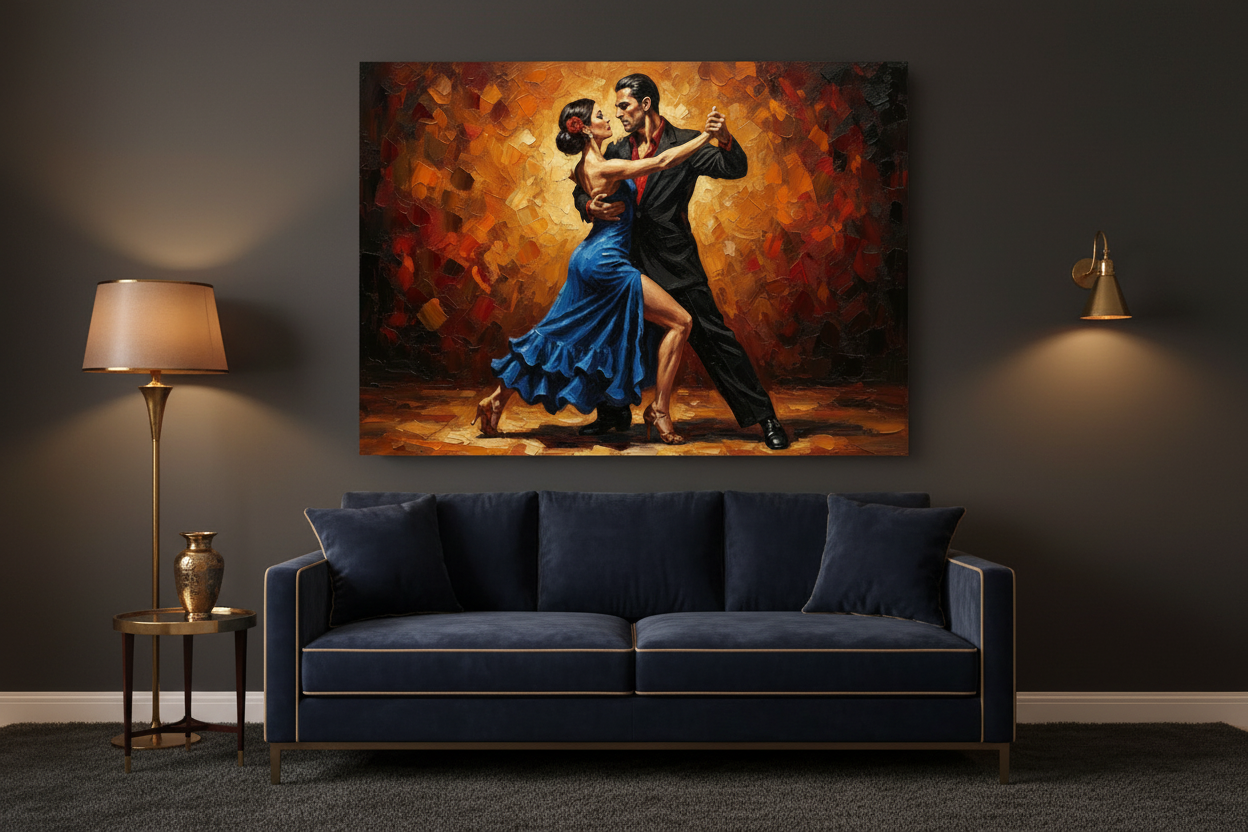 Blue dress tango couples dance canvas wall art on a charcoal grey wall in a dark moody living room with velvet sofa and brass accents - Portugal Canvas Co