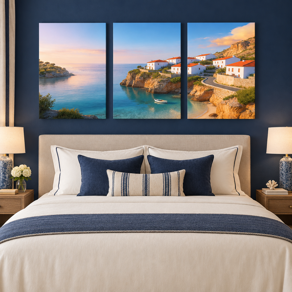 Three coastal village canvas panels above a bed against a navy wall in a boutique hotel bedroom - Portugal Canvas Co