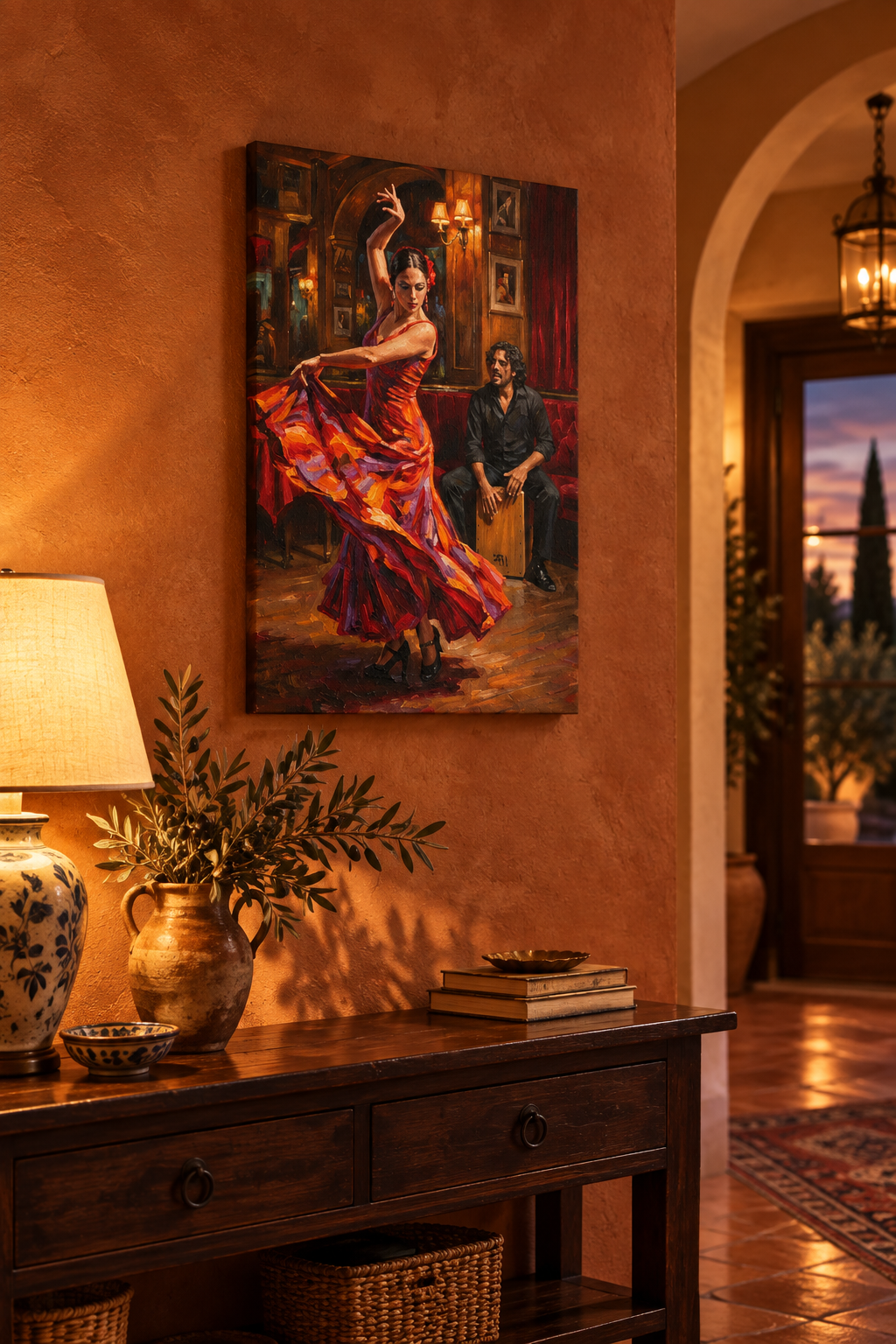 Flamenco dancer and cajon musician canvas wall art on a terracotta plaster hallway wall above a dark wood console with a ceramic lamp and olive branches - Portugal Canvas Co