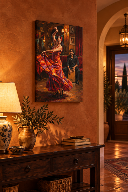 Flamenco dancer and cajon musician canvas wall art on a terracotta plaster hallway wall above a dark wood console with a ceramic lamp and olive branches - Portugal Canvas Co