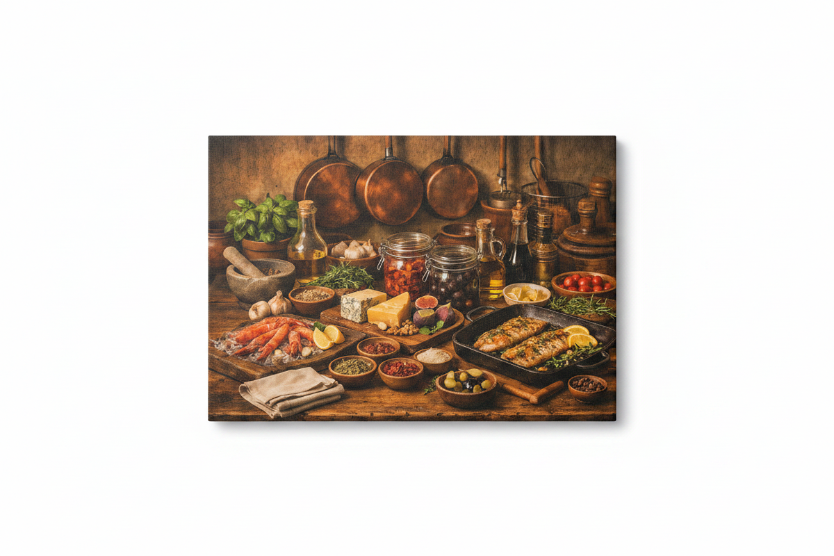 Mediterranean seafood and fish still life canvas print close-up flat lay on white background with prawns, grilled fish, olives, copper pans and spice bowls - Portugal Canvas Co