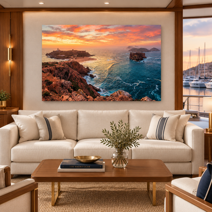 Algarve sunset coastline and blue Atlantic canvas in yacht club lounge - Portugal Canvas Co