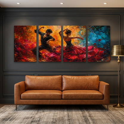 Four-panel flamenco dancer canvas art above a cognac leather sofa on a charcoal wall - Portugal Canvas Co