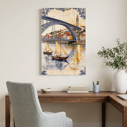 Porto bridge and sailboats azulejo-style canvas above a walnut home office desk - Portugal Canvas Co