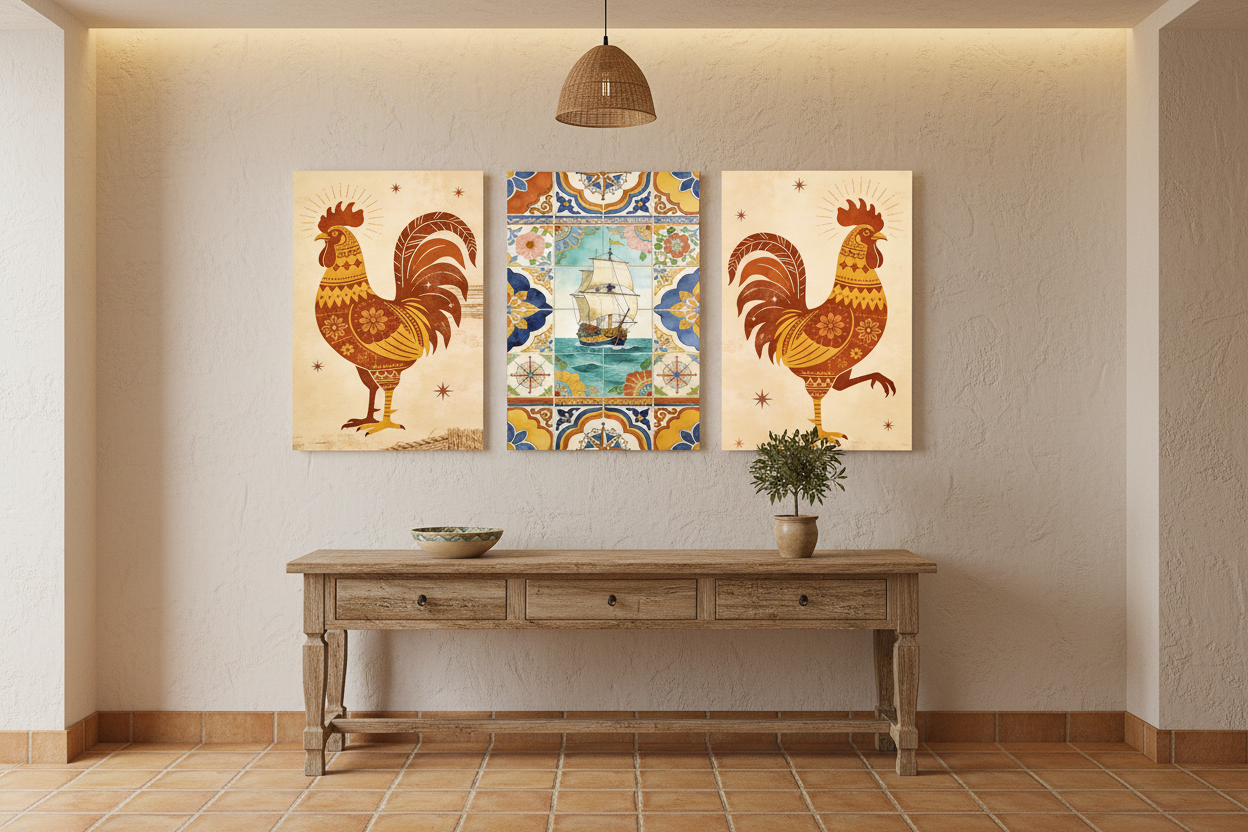 Galo de Barcelós rooster and tall ship Portuguese triptych canvas wall art set displayed in a warm rustic hallway entryway - Portugal Canvas Co