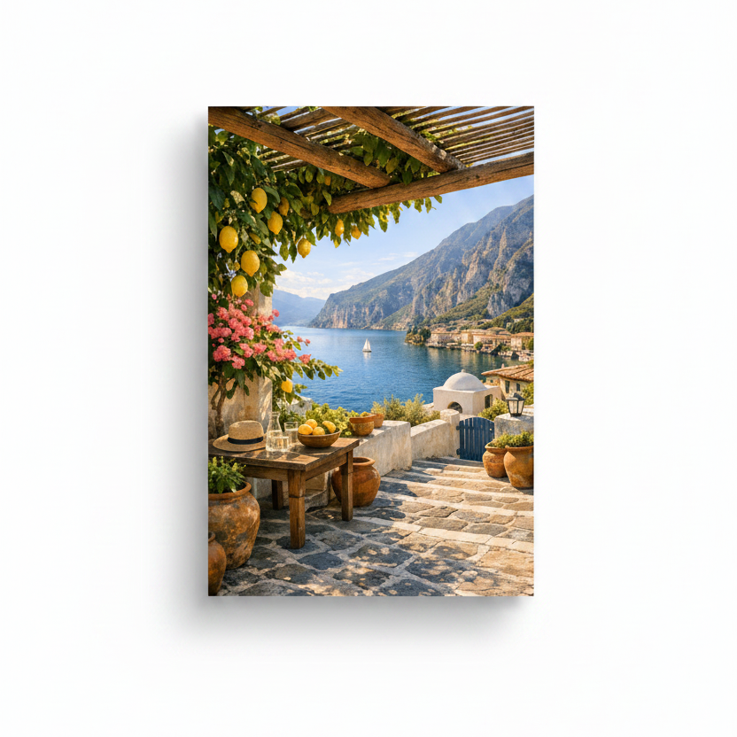 Mediterranean lemon pergola terrace canvas print with pink bougainvillea and coastal sea view on white background - Portugal Canvas Co