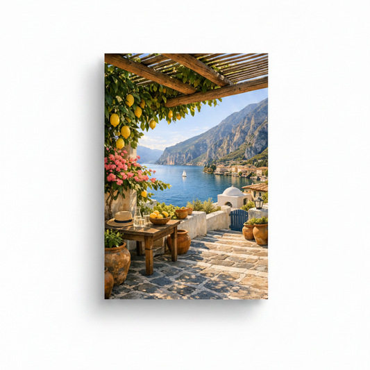 Mediterranean lemon pergola terrace canvas print with pink bougainvillea and coastal sea view on white background - Portugal Canvas Co
