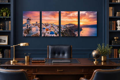 Santorini Sunset four-panel wall art behind a desk in a navy and brass study - Portugal Canvas Co