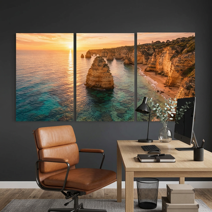 Algarve coastal sunset three-panel canvas in a charcoal home office with a cognac chair and oak desk - Portugal Canvas Co