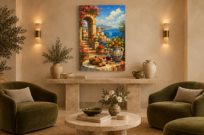 Mediterranean terrace dining scene canvas in a lamp-lit luxury boutique hotel lounge - Portugal Canvas Co