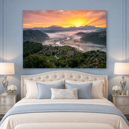 Golden valley sunrise landscape canvas above an ivory bed in a powder blue bedroom - Portugal Canvas Co