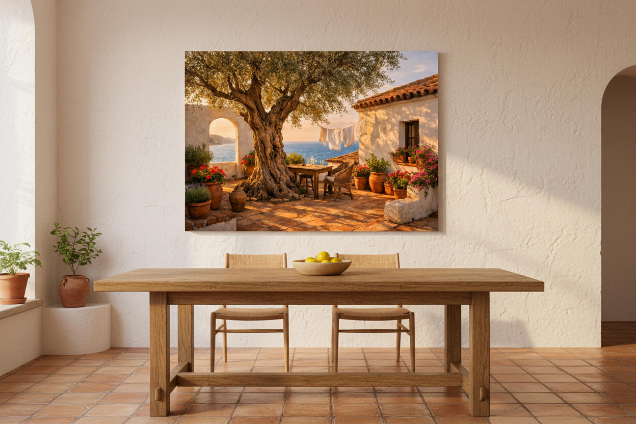 Mediterranean courtyard olive tree canvas print above rustic wooden dining table with terracotta tiles and golden afternoon light - Portugal Canvas Co