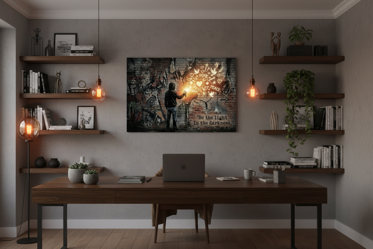 Be The Light In The Darkness graffiti canvas print displayed in a stylish urban home office with dark wood desk and Edison bulb lighting - Portugal Canvas Co