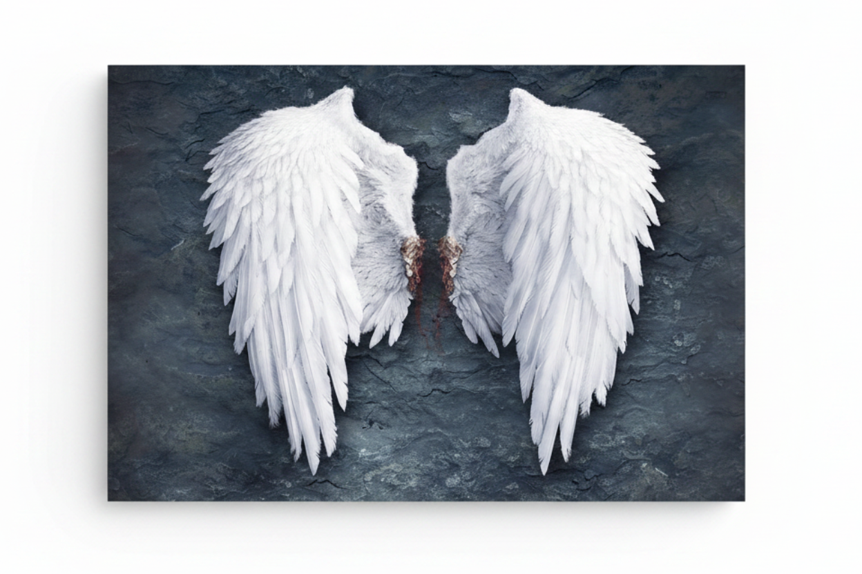 White angel wings on dark textured background canvas print flat lay overhead view on pure white background - Portugal Canvas Co