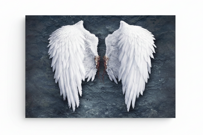 White angel wings on dark textured background canvas print flat lay overhead view on pure white background - Portugal Canvas Co