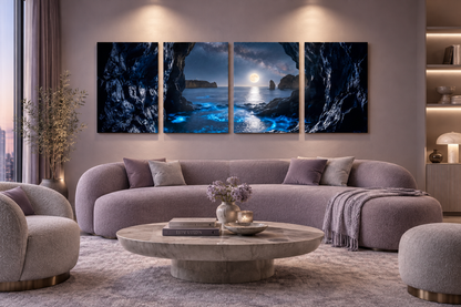 Moonlit sea cave four-panel canvas above a lavender sofa in a pearl grey sitting room - Portugal Canvas Co