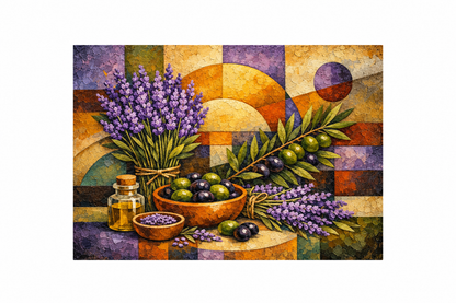 Lavender and olive mosaic still life canvas flat lay on pure white background - Portugal Canvas Co