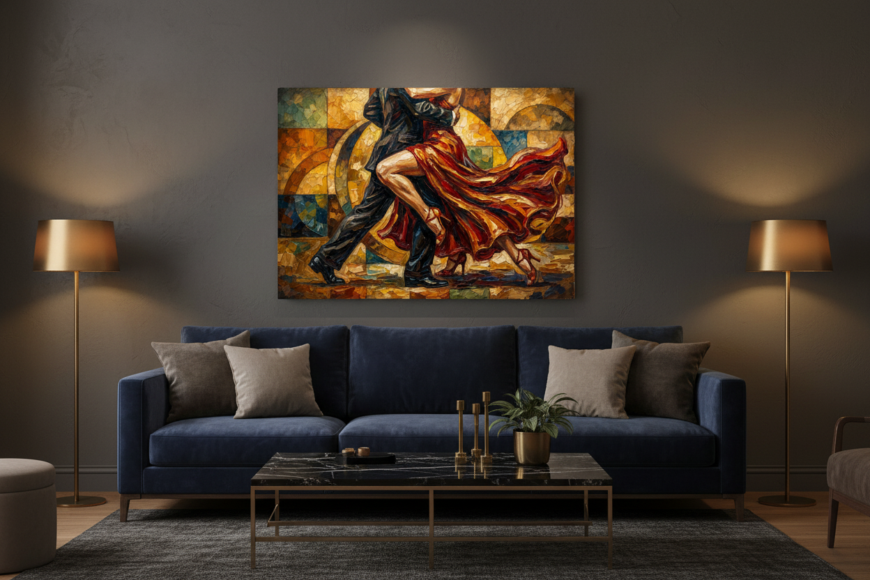 Geometric mosaic tango dance canvas wall art on a charcoal grey wall in a dark moody living room with velvet sofa and brass accents - Portugal Canvas Co