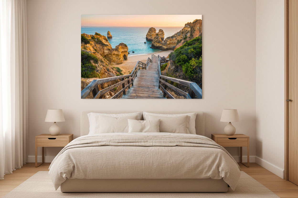 Algarve wooden boardwalk stairway to golden beach canvas wall art displayed above a bed in a bright minimalist bedroom - Portugal Canvas Co