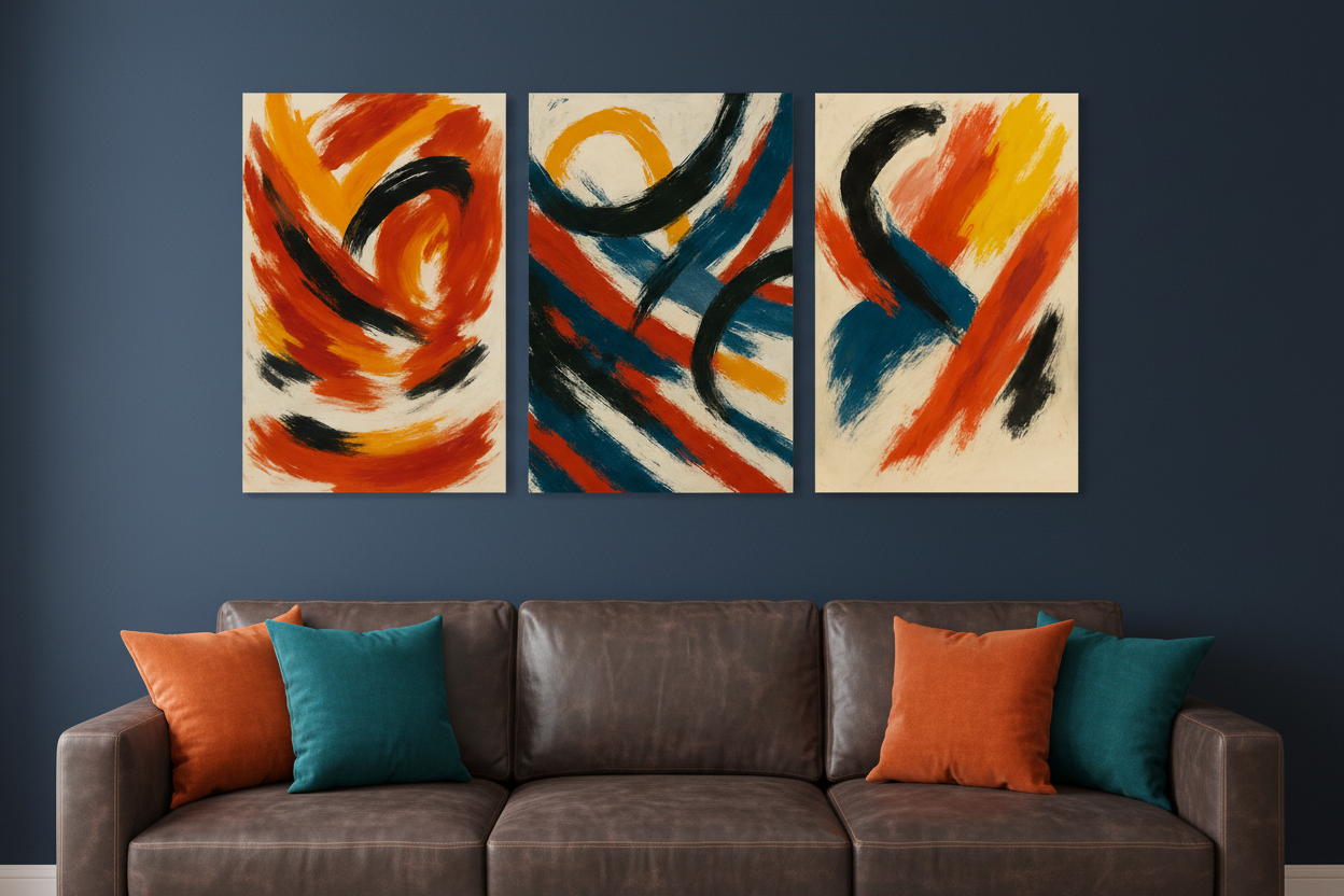 Modern abstract brushstroke triptych canvas wall art displayed on navy blue wall above dark leather sofa in sophisticated moody living room - Portugal Canvas Co